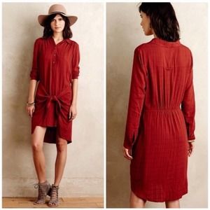 Anthropologie Rust Red Waist Tie Button Down Dress Size 4